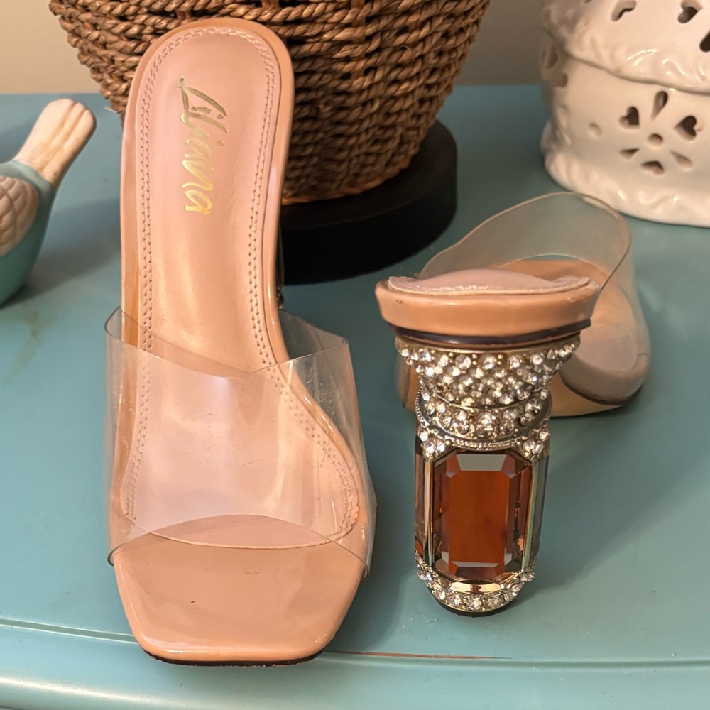 Nine West Clear and Tan Heels with Gem Detail